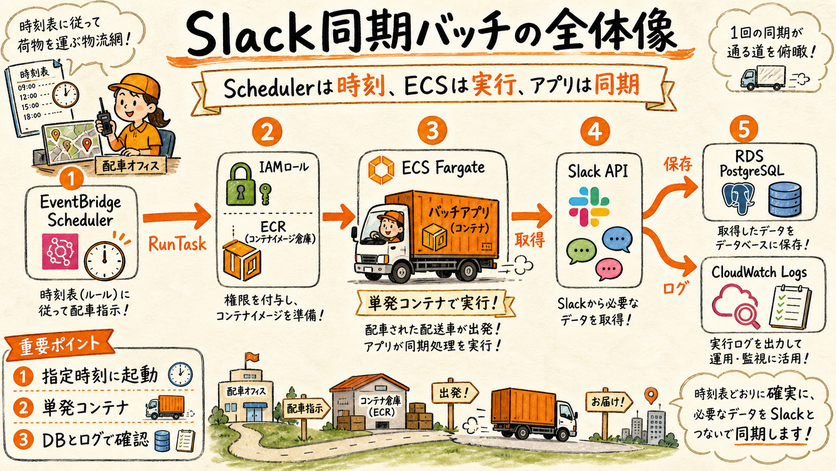 EventBridge SchedulerからECSタスクを起動しSlackデータをRDSへ同期する全体図